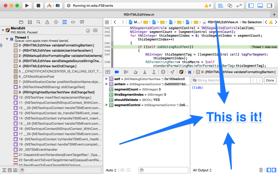 Xcode window with console highlighted.