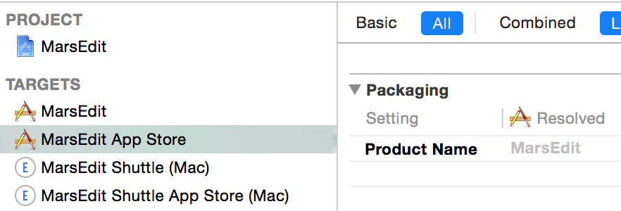 Xcode build settings showing MarsEdit App Store having the same product name as MarsEdit.