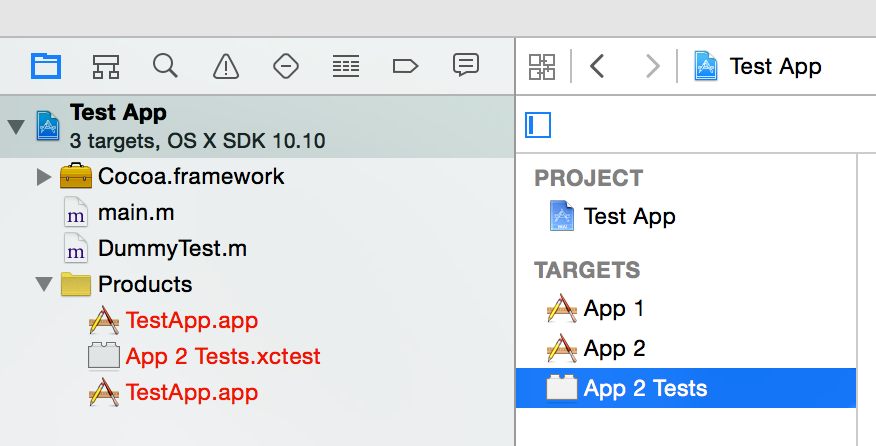 Screenshot of Xcode project navigator with unorganized product items.