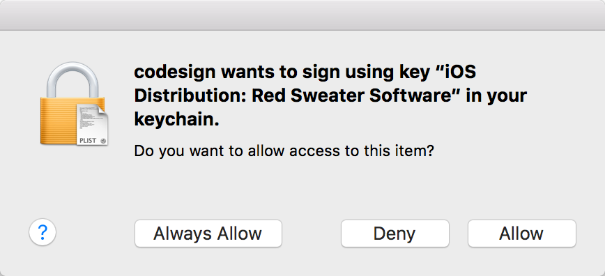 Panel prompting to allow permission to use codesign tool with private key.