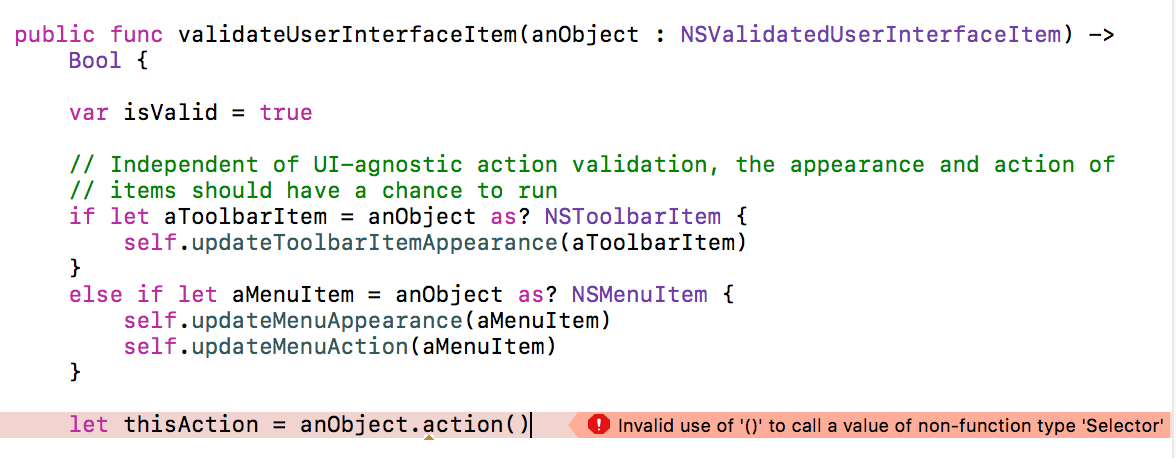 Image of Xcode exhibiting a build-time error because of a Swift method call