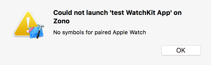 Xcode panel refusing to install on a device because of missing Apple Watch symbols.