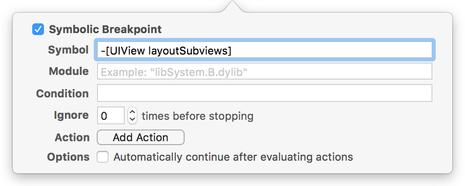 Image of Xcode's symbolic breakpoint editor