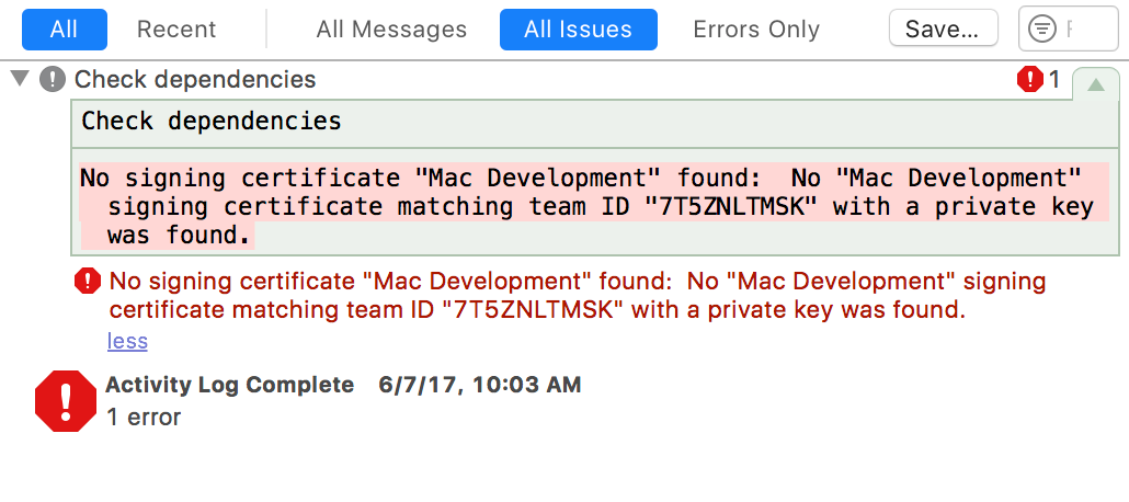 Screen capture of build failure indicating a missing signing certificate