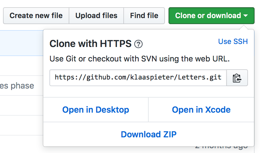 Screen capture of the GitHub interface for cloning a project