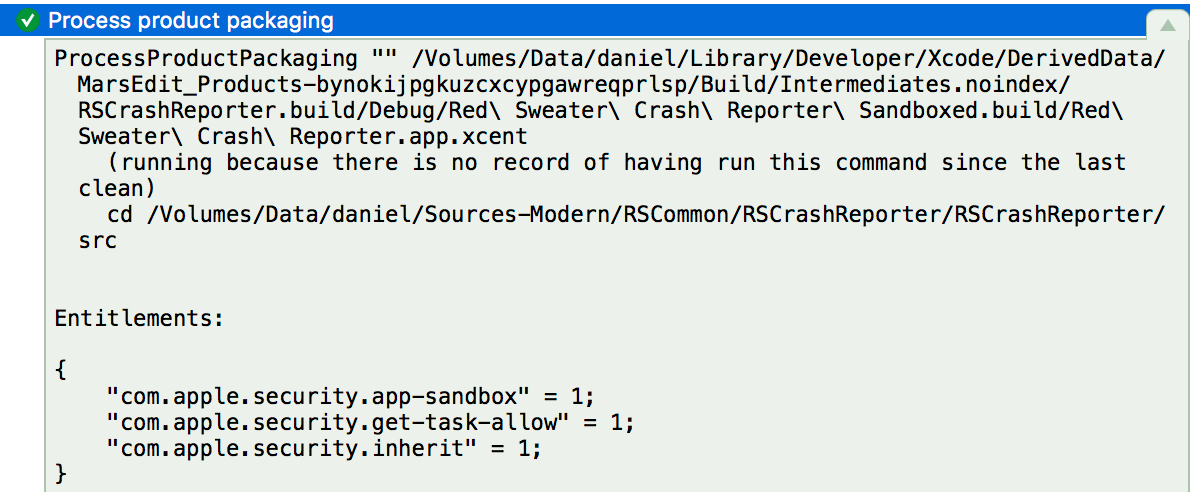 Xcode build log detail showing the wrong entitlements.