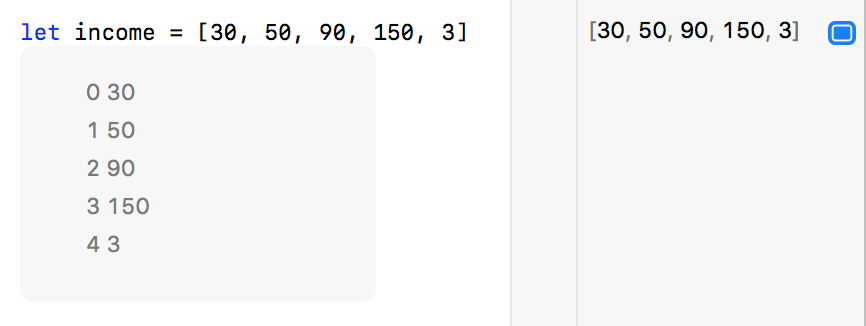 Screenshot of Xcode Playgrounds's inline results view, revealing the values of an array of numb ers.