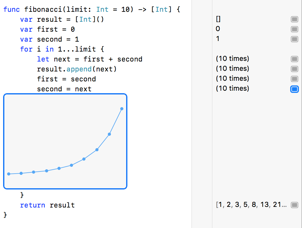 Screenshot of Xcode Playgrounds showing a graph of the results of Fibonacci sequence.