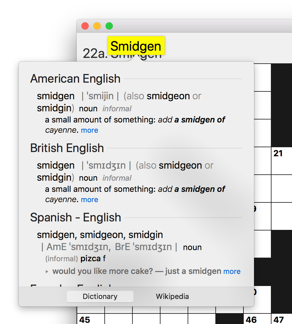 Screen shot of Black Ink's interface, with a highlighted word being defined by macOS system-wide dictionary lookup.