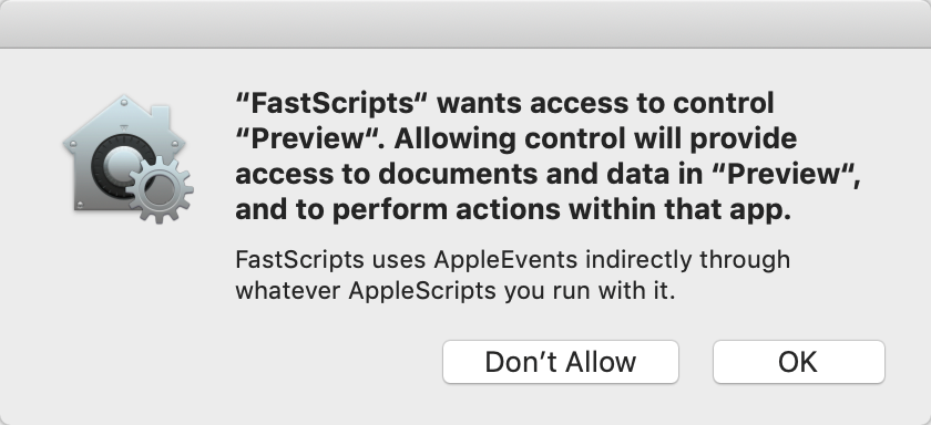 Screenshot of Apple's standard panel requesting access for FastScripts to control another app.