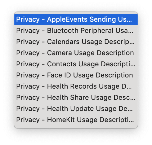 Screenshot of the list of Privacy-related Info.plist strings that appears