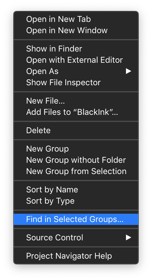 Contextual menu showing a menu item to 'Find in Selected Groups' title=