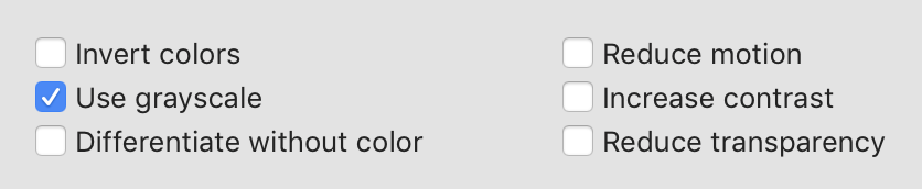 Screenshot of macOS preference options for accessibility options inlcuding 'Use grayscale'