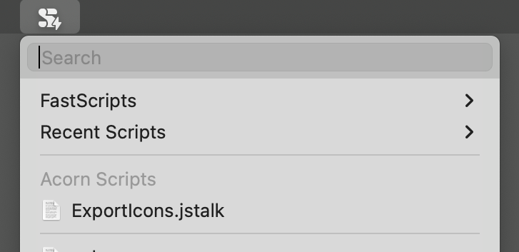 screenshot of FastScripts menu bar icon invoked with the script menu displayed