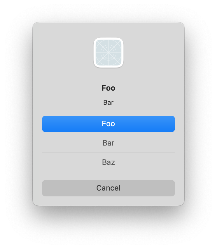 screenshot of macOS alert panel with three primary buttons, two of which are drawn without a border or background