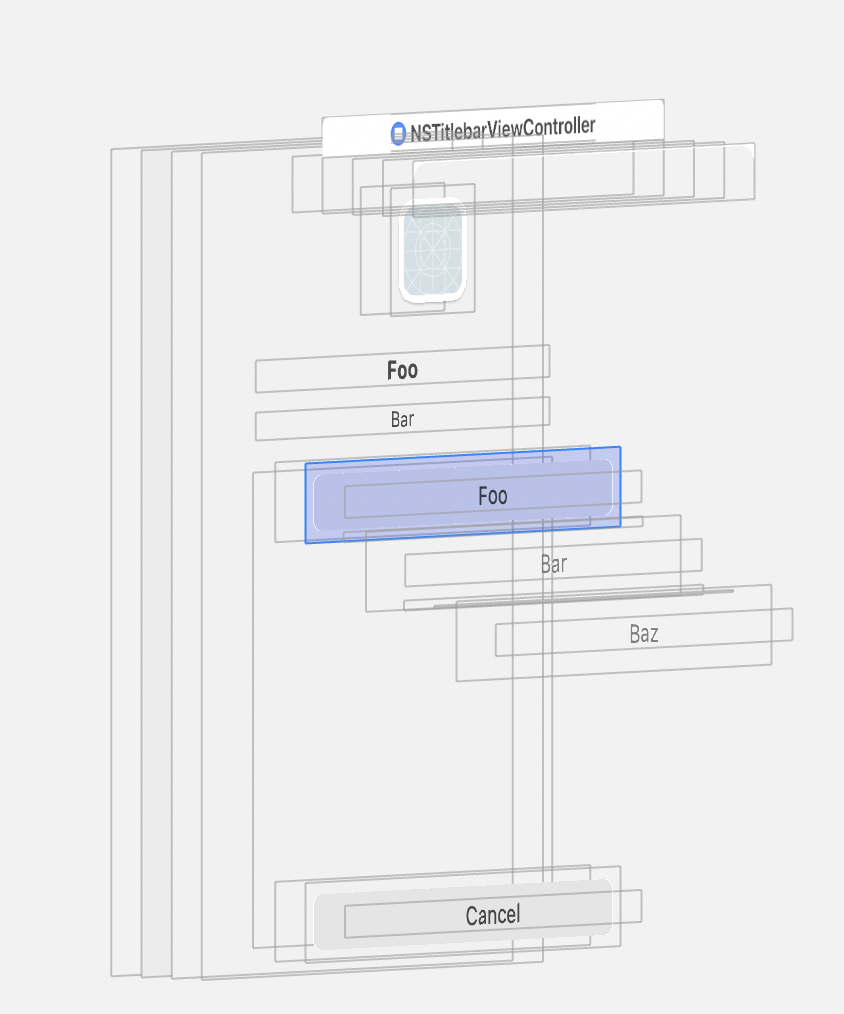 screenshot of view debugger from Xcode with 3-dimensional layout of UI components