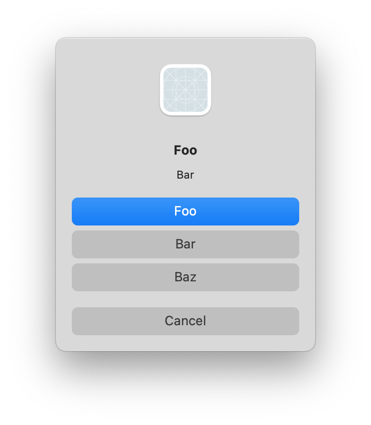 screenshot of macOS alert with all buttons showing visible background bezel