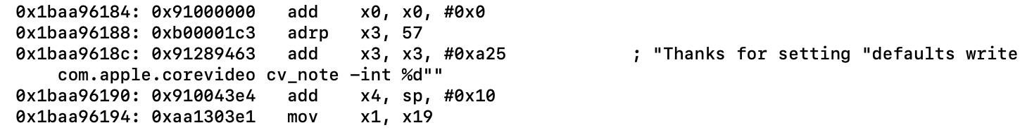 Screenshot of Xcode disassembly showing a log message: Thanks for setting defaults write com.apple.corevideo cv_note -int %d