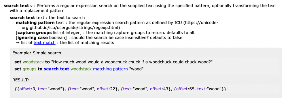 Screenshot showing FastScripts 'search text' command with an inline documentation block