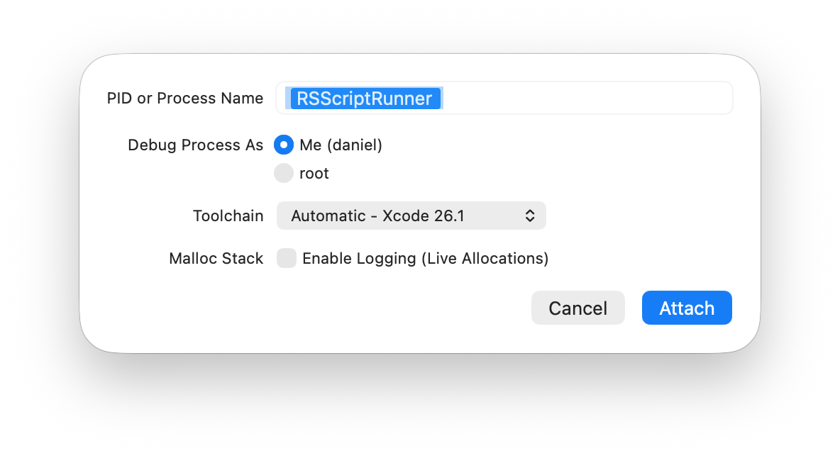 Screenshot of Xcode's "Attach to Process by PID or Name" panel. It shows the name of the process requested to attach to, along with other debugging options to apply.