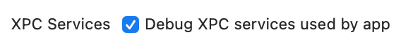 Screenshot of a checkbox labeled "Debug XPC services used by app"