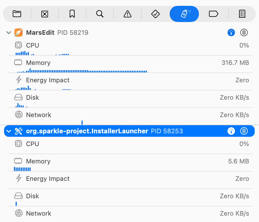 Screenshot of Xcode's debug interface listing processes that are being debugged. It shows the main app, named MarsEdit, and a secondary process from the Sparkle library called "org.sparkle-project.InstallerLauncher".