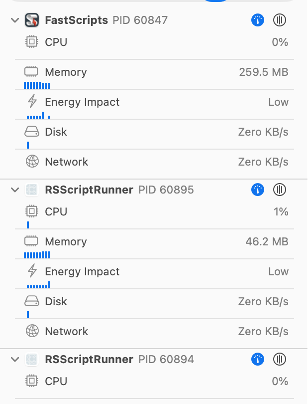 Screenshot of Xcode's process debugging list, showing the main app, "FastScripts", and two instances of the "RSScriptRunner" process all being debugged at the same time.